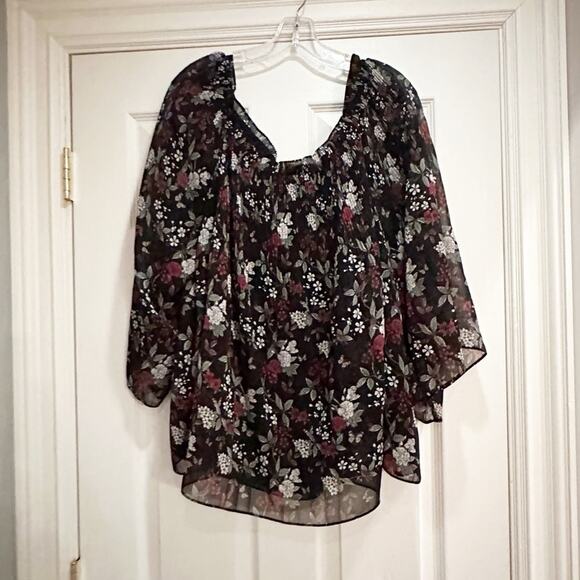 Max Studio Floral Off Shoulder Blouse Womens XL Pleated Flowy Shirt Top Black - Picture 9 of 10